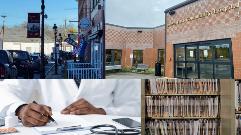 A collage of four photos from stories highlighted in the article. Shown are businesses in Calais, the entrance to the Down East Community Hospital, a black doctor's hands filling out paperwork, and shelves filled with court case files.