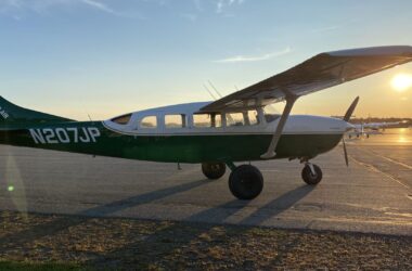 A plane owned by Penobscot Island Air on the tarmac.