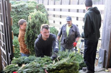 Workers load wreaths into the back of a truck.