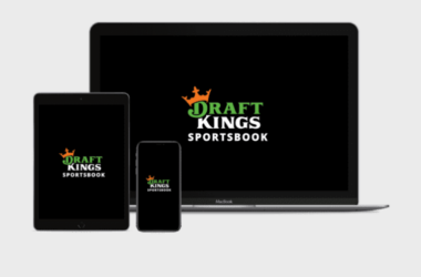 the logo for Draftkings is seen on the screen of a phone, tablet and laptop.