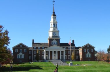 Exterior of Colby College and its clock tower