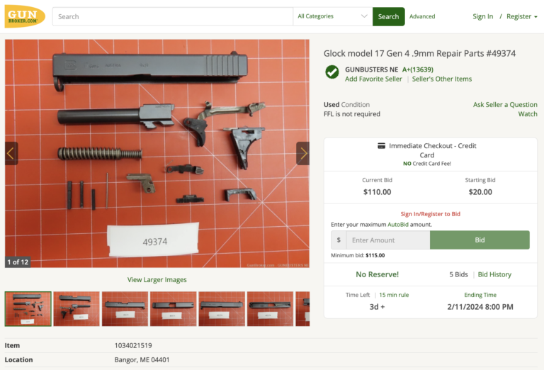 screenshot of a parts kit for a Glock 17 Gen4 pistol for sale online