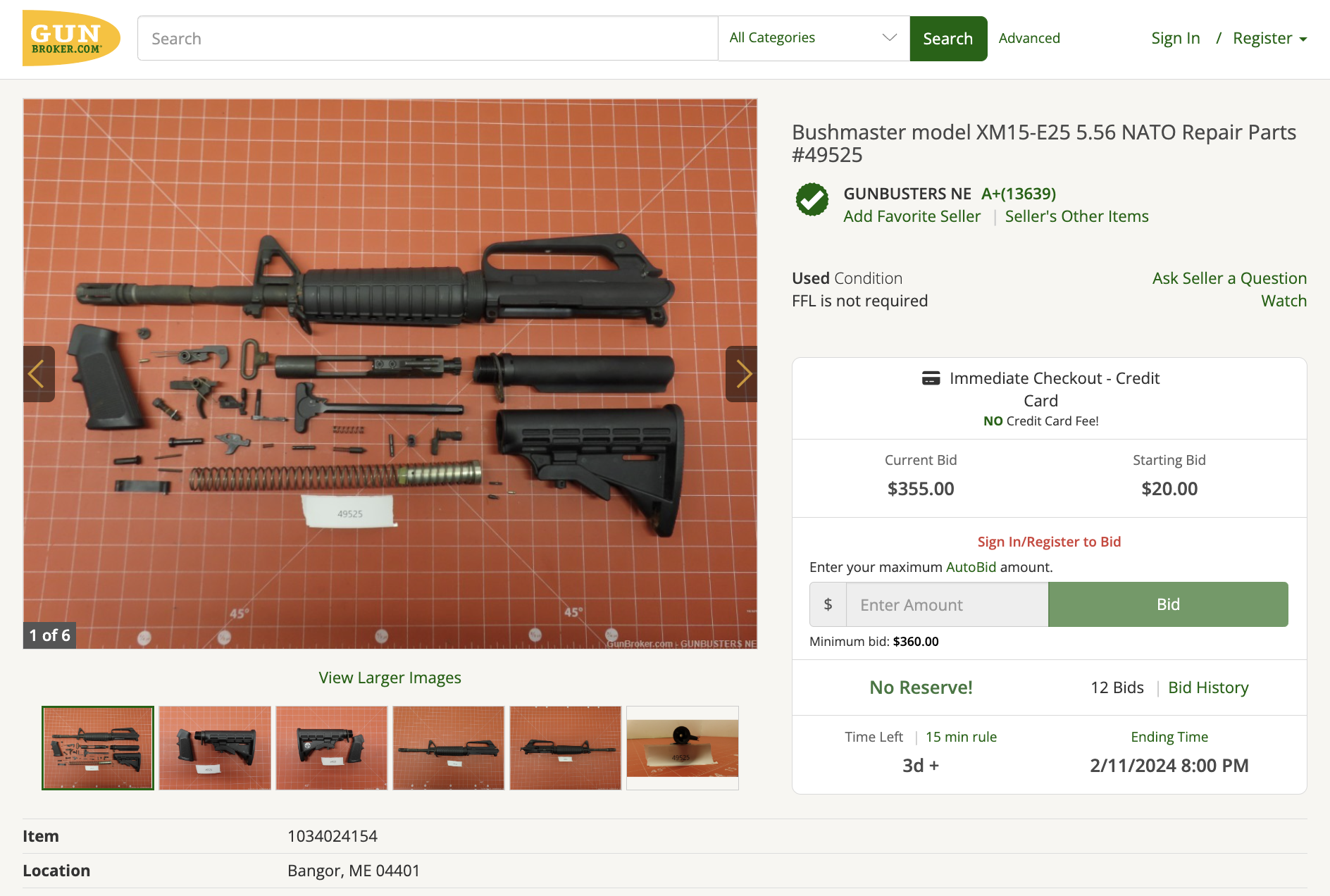 screenshot of a parts kit for a Bushmaster XM-15 for sale online