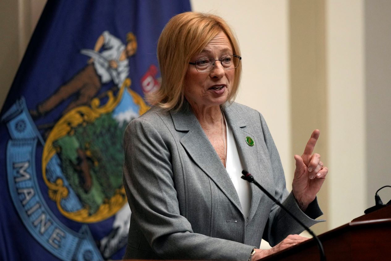 Janet Mills seen during a press conference.