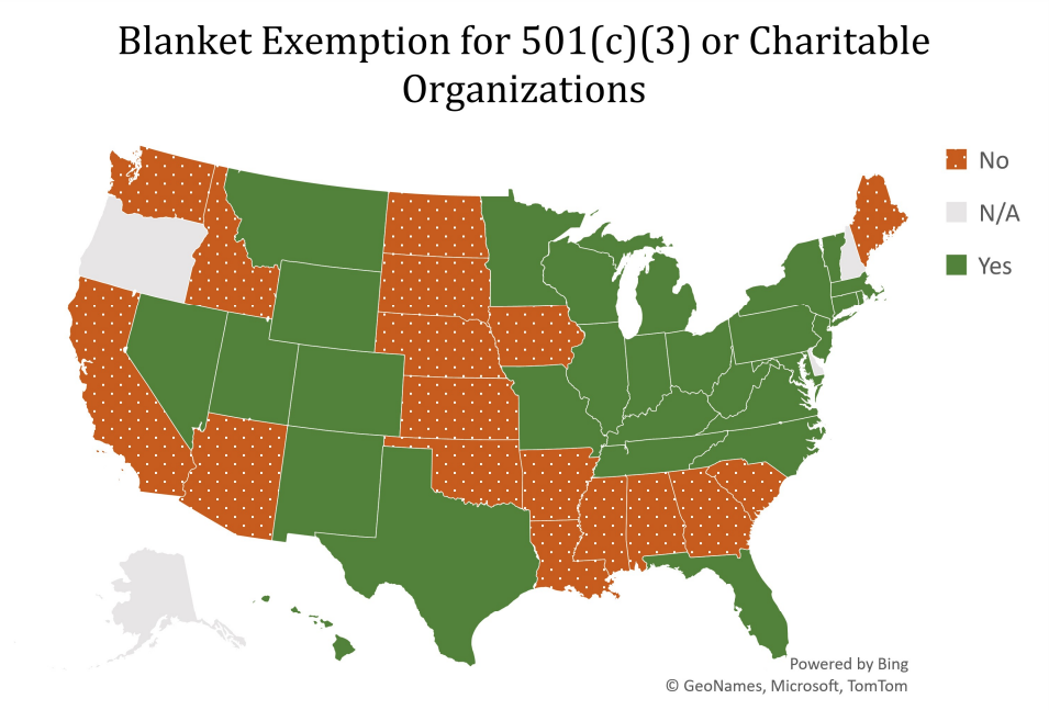 A map showing which states do and do not provide blanket sales tax exemptions to charities.