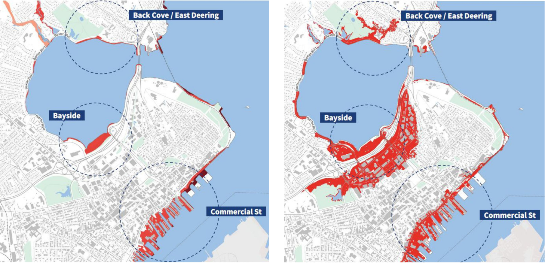 A composite image of two Portland flood maps.