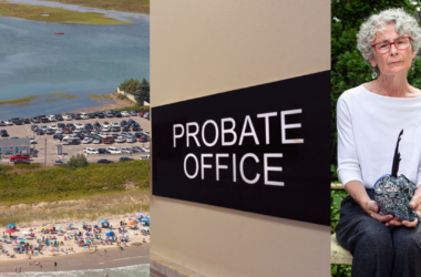 A collage of three photos, each representing a reporting project that received an award. The three photos are of the Wells beach, a sign outside a probate office and of Karen Wentworth.