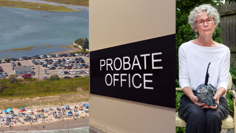 A collage of three photos, each representing a reporting project that received an award. The three photos are of the Wells beach, a sign outside a probate office and of Karen Wentworth.