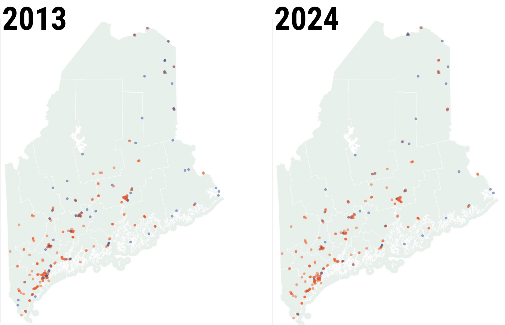 Two maps of Maine pharmacy locations, side by side. On the left are the locations of pharmacies in Maine in 2013. The locations in 2024 are on the right. 