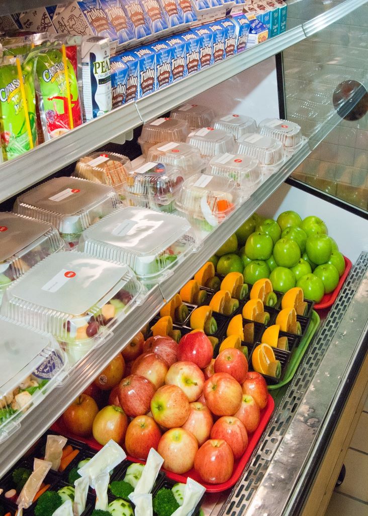 A display of available school lunch to-go items.