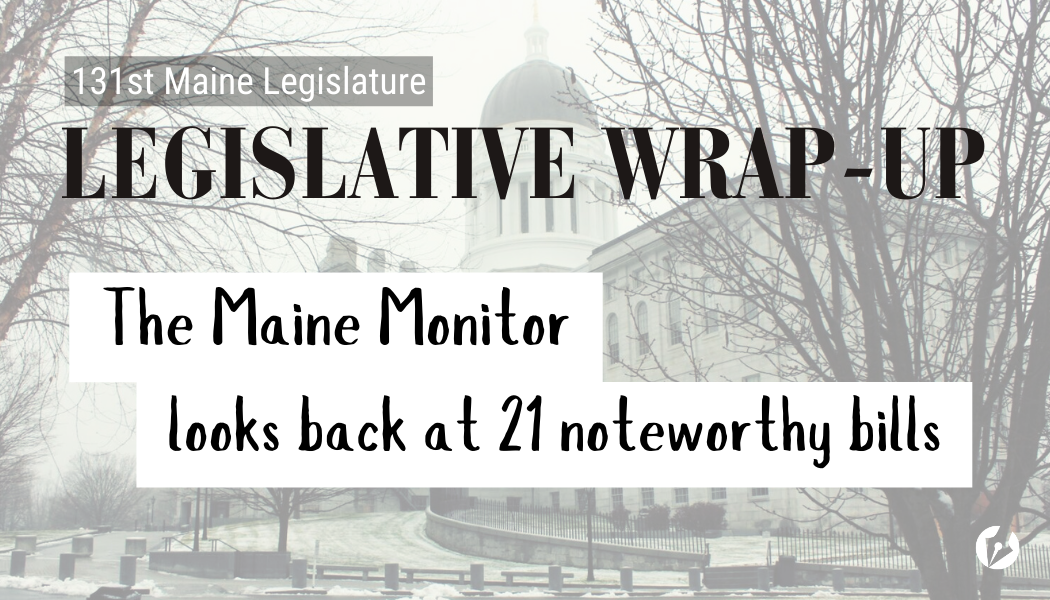 A decorative graphic with the Maine State Legislature, overlayed with text that introduces this legislative newsroom project.