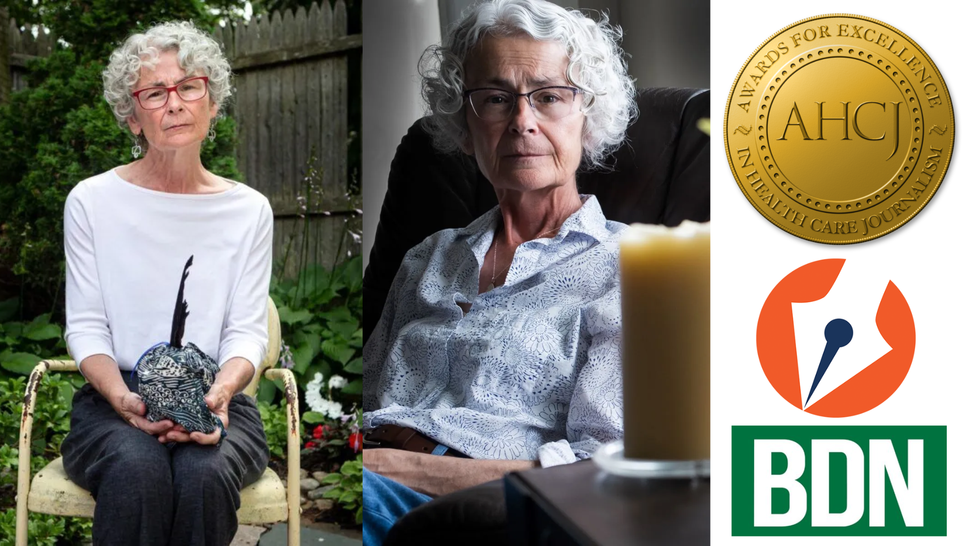 A composite photo that includes two images of Karen Wentworth, the contest's logo, a logo for The Maine Monitor and a logo for the Bangor Daily News.