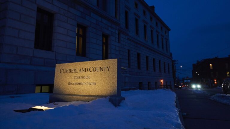 The exterior of the Cumberland County courthouse seen at night.