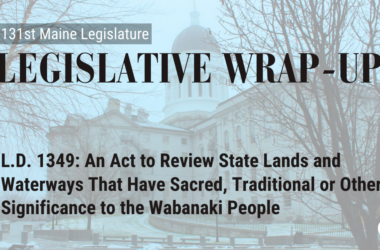 A decorative graphic with the Maine State Legislature, overlayed with text that says what bill is being highlighted.