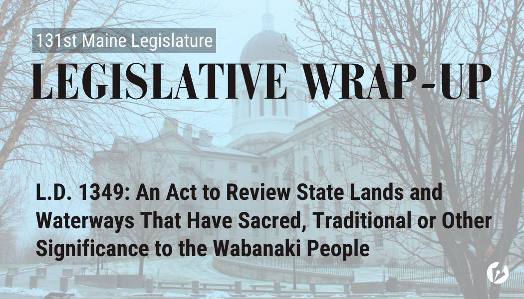 A decorative graphic with the Maine State Legislature, overlayed with text that says what bill is being highlighted.