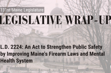 A decorative graphic with the Maine State Legislature, overlayed with text that says what bill is being highlighted.