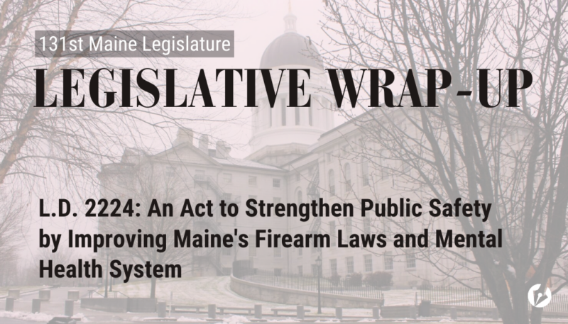 A decorative graphic with the Maine State Legislature, overlayed with text that says what bill is being highlighted.