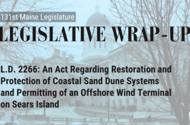 A decorative graphic with the Maine State Legislature, overlayed with text that says what bill is being highlighted.