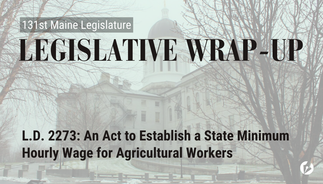 A decorative graphic with the Maine State Legislature, overlayed with text that says what bill is being highlighted.