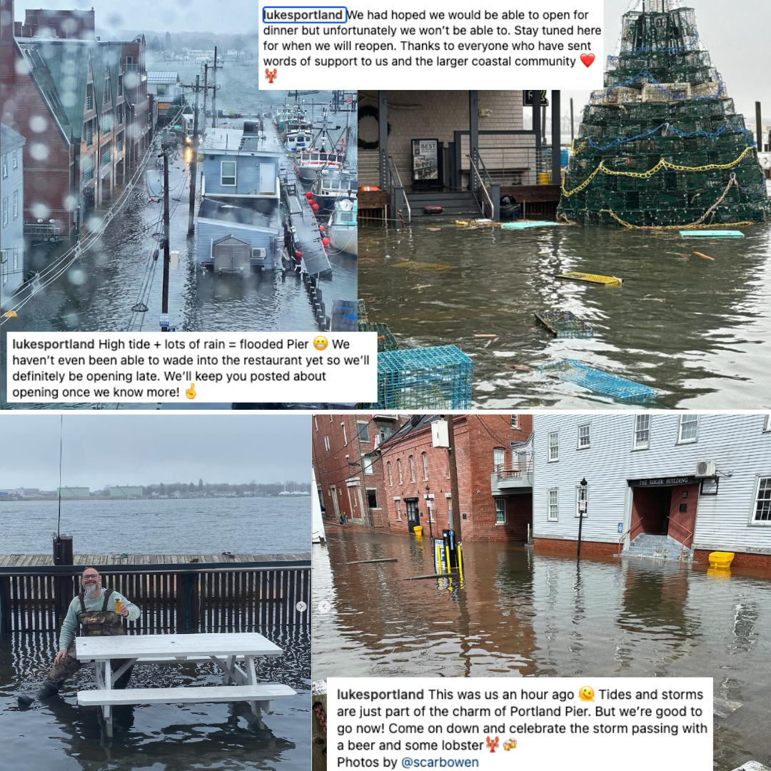 A collage of four photos and three social media captions of flooding that occurred at and near Luke's Lobster in Portland, Maine.
