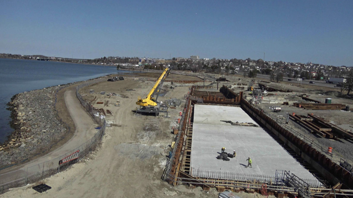 Construction happening at the new wastewater and stormwater storage tanks near Back Cove in Portland, Maine.