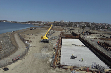 Construction happening at the new wastewater and stormwater storage tanks near Back Cove in Portland, Maine.