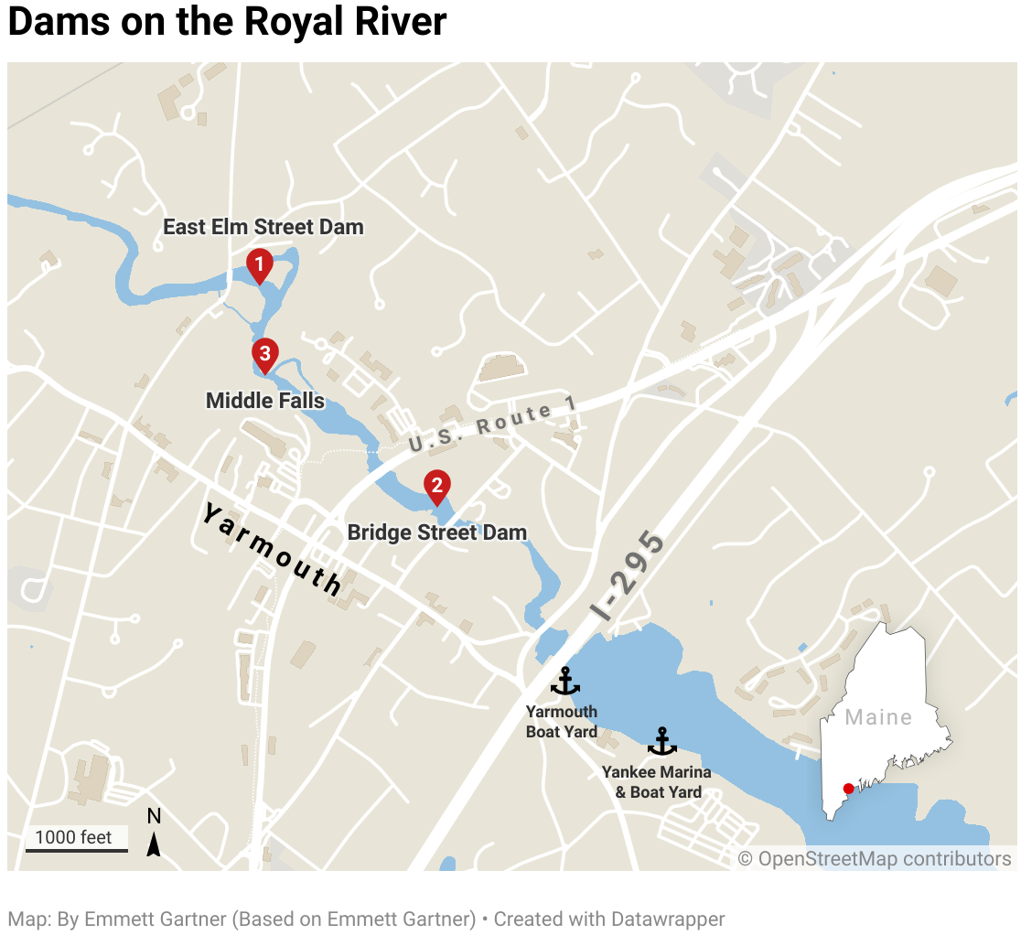 A map highlights the location of three dams on the Royal River: the East Elm Street Dam, the Middle Falls dam and the Bridge Street dam.