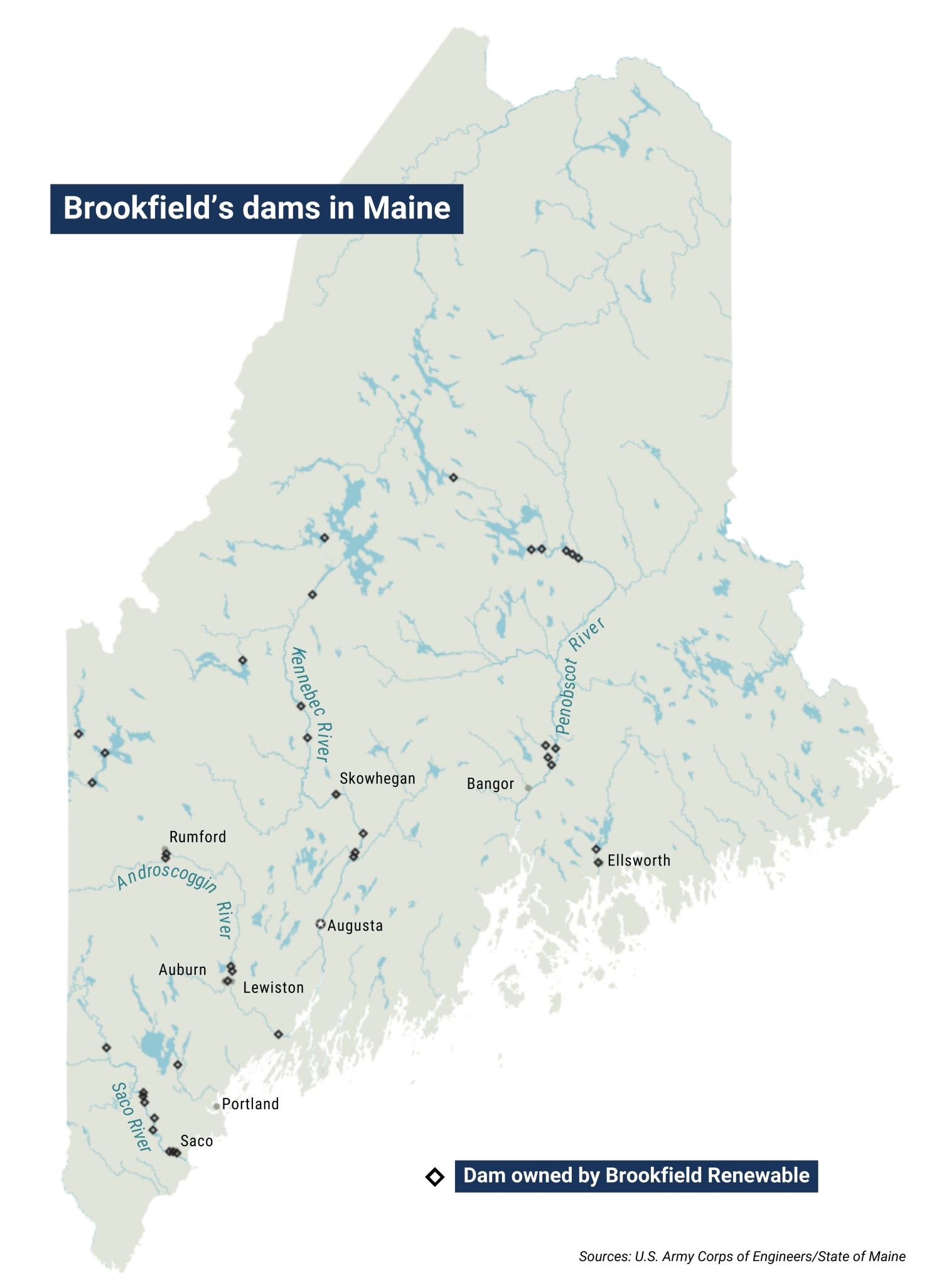 A map denoting the locations of dams owned by Brookfield.