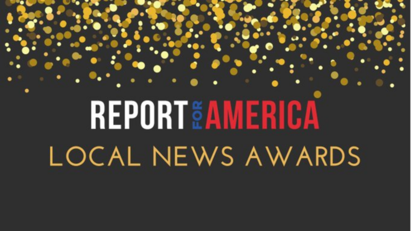 a slide presentation that features the logo for Report for America with the presentation title of "local news awards".