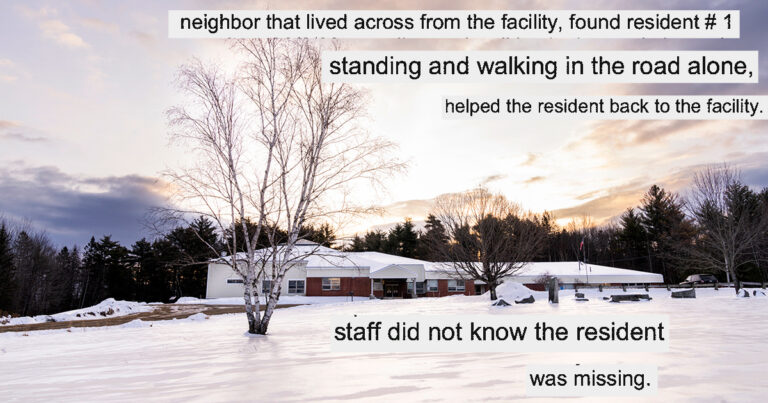 A photo of the Frankfort facility with portions of a incident report overlayed on the photo. The overlayed text reads "neighbor that lived across from the facility found resident number one standing and walking in the road alone, helped the resident back to the facility" and also reads "staff did not know the resident was missing."