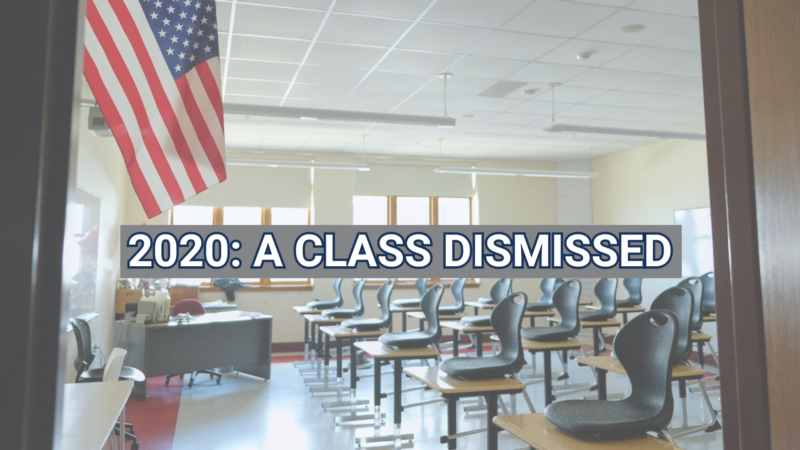 A photo of an empty classroom with overlayed text reading 2020: A class dismissed.