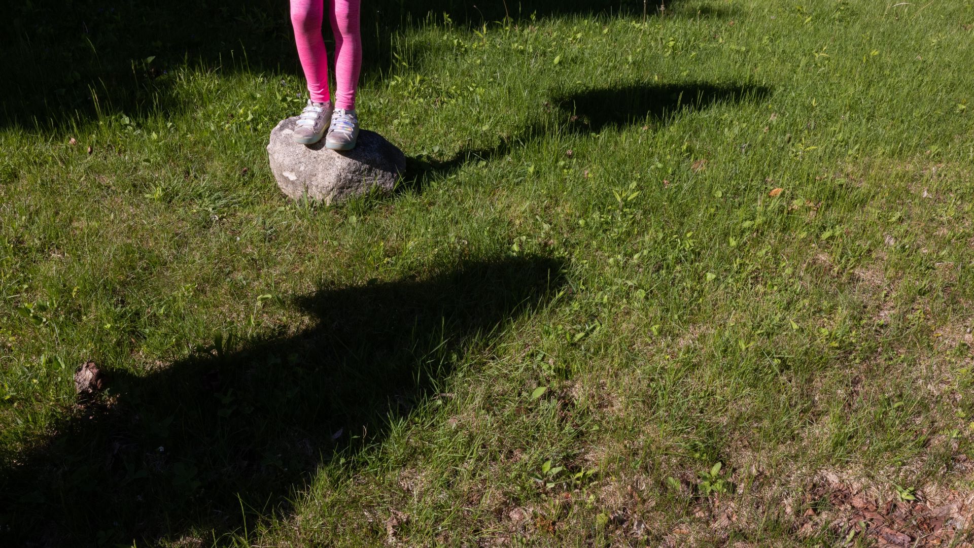 A young girl stands on a medium-sized rock in a yard.