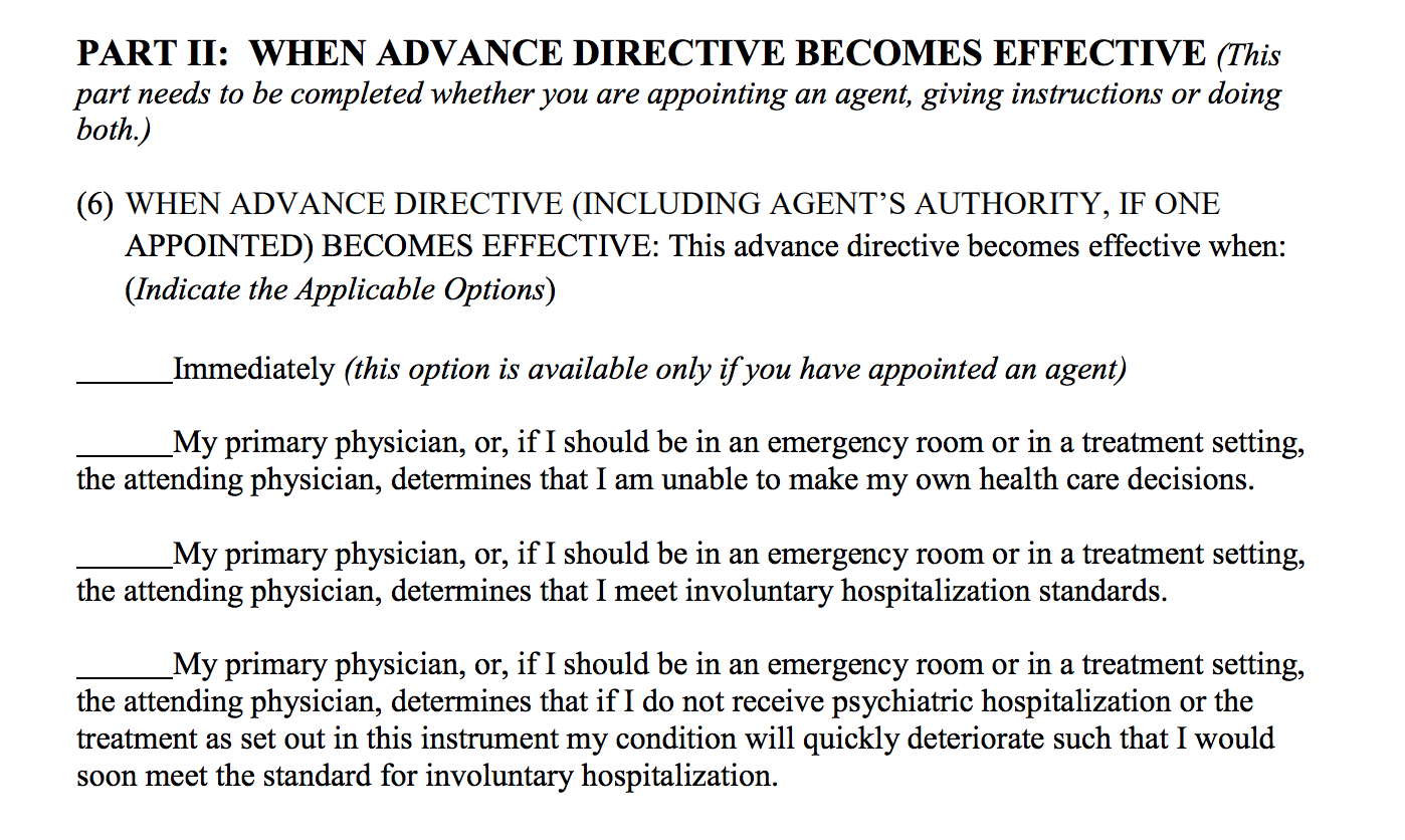 A portion of a sample advance directive form that pertains to when the advance directive shall become effective.