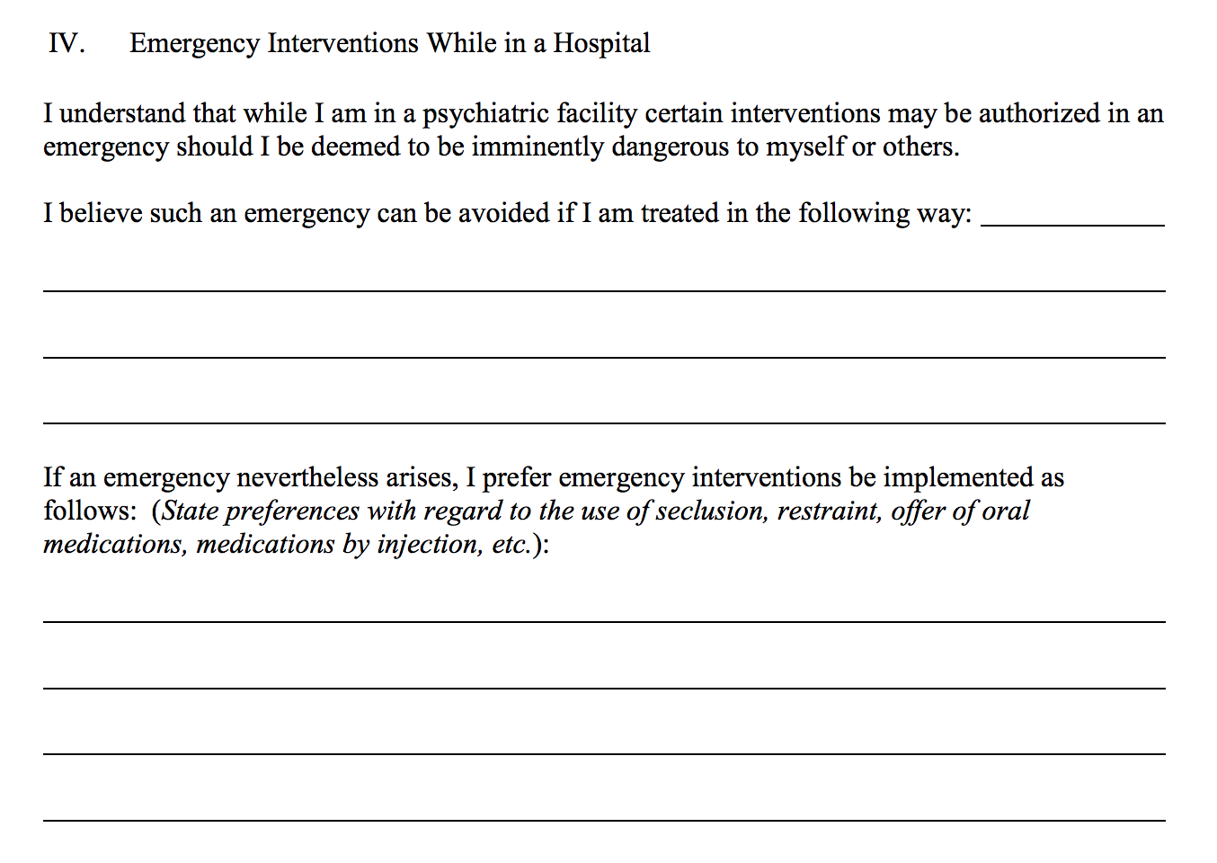 A portion of a sample advance directive form that pertains to how an individual wishes emergency intervention be implemented.