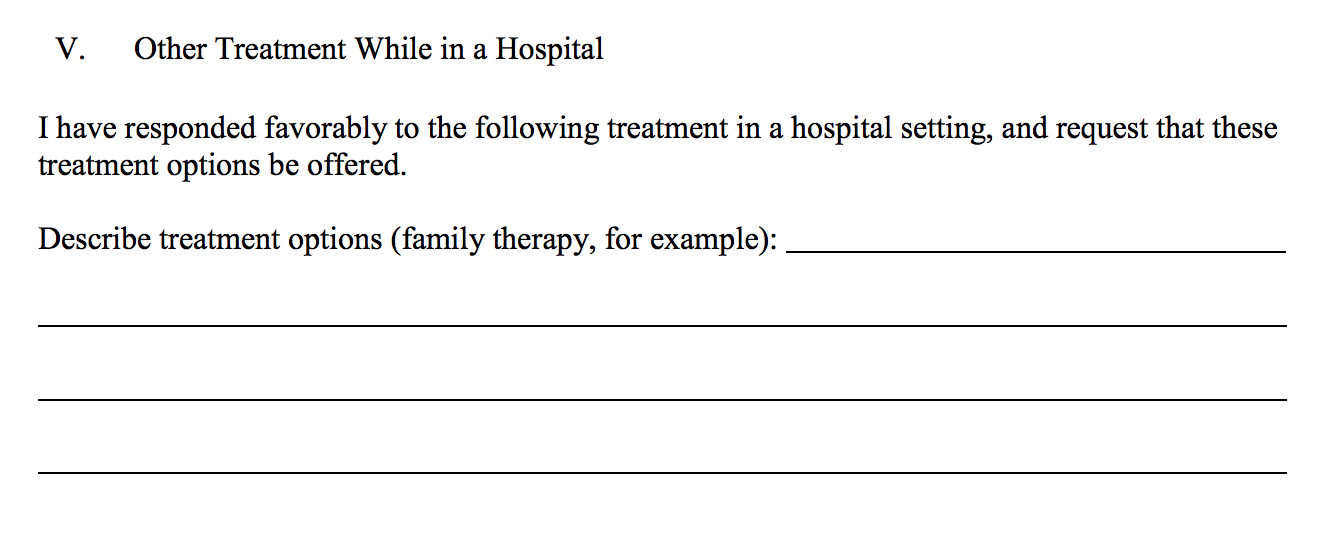 A portion of a sample advance directive form that provides an opportunity for preferred treatment to be outlined.