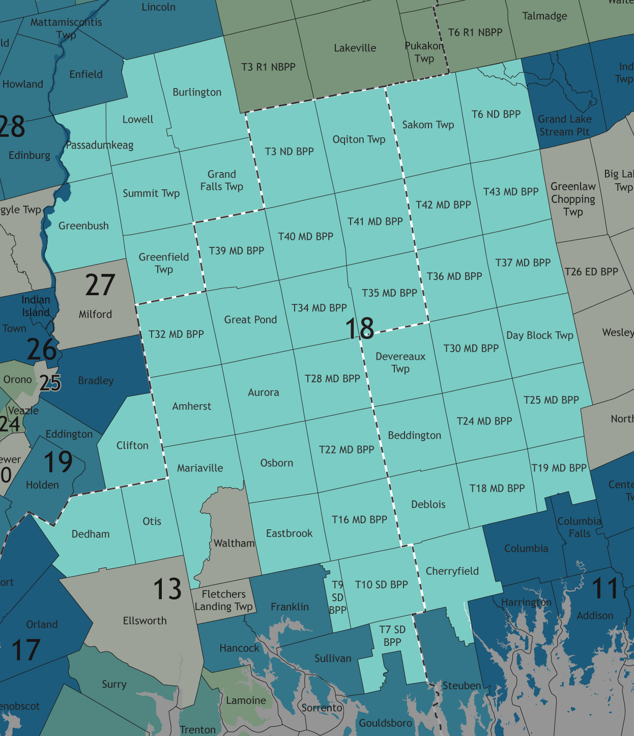 A map showing which communities are in this legislative district.