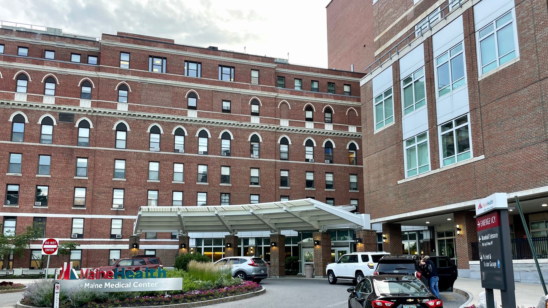 The exterior of the entrance to the Maine Medical Center.