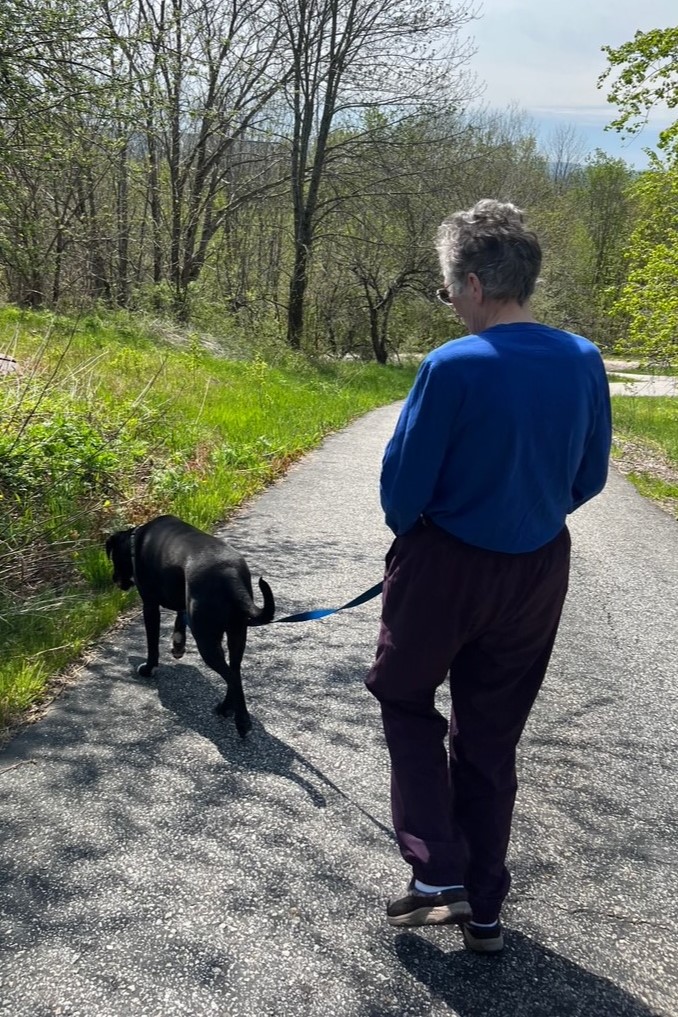 A woman walking a black dog on a path in a wooded area.