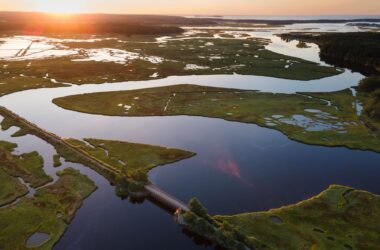 An aerial photo of the Scarborough marsh at sunrise.