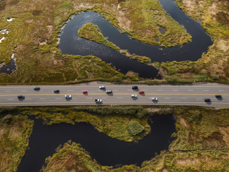 Cars travel along Route 1, which is surrounded on both sides by the Scarborough Marsh.