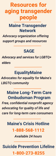 A graphic box listing resources for aging transgender people including the Maine Transgender Network, SAGE, Equality Maine and the Maine Long-Term Care Ombudsman Program. Those in crisis can call 888-568-1112.
