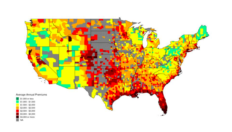 a map which used a novel technique of analyzing mortgage escrow payment data to map average home insurance premium costs by county.