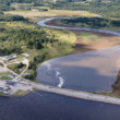 An aerial view of the Machias causeway and dike.