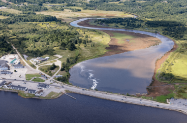 An aerial view of the Machias causeway and dike.