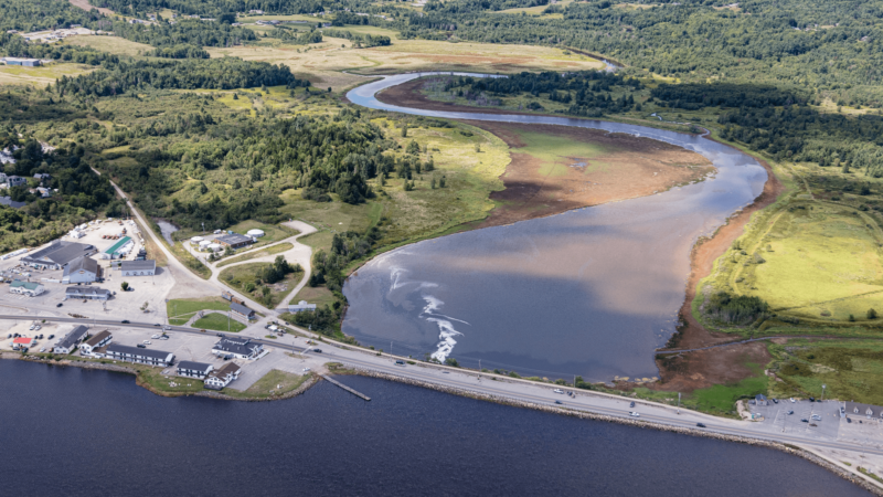 An aerial view of the Machias causeway and dike.