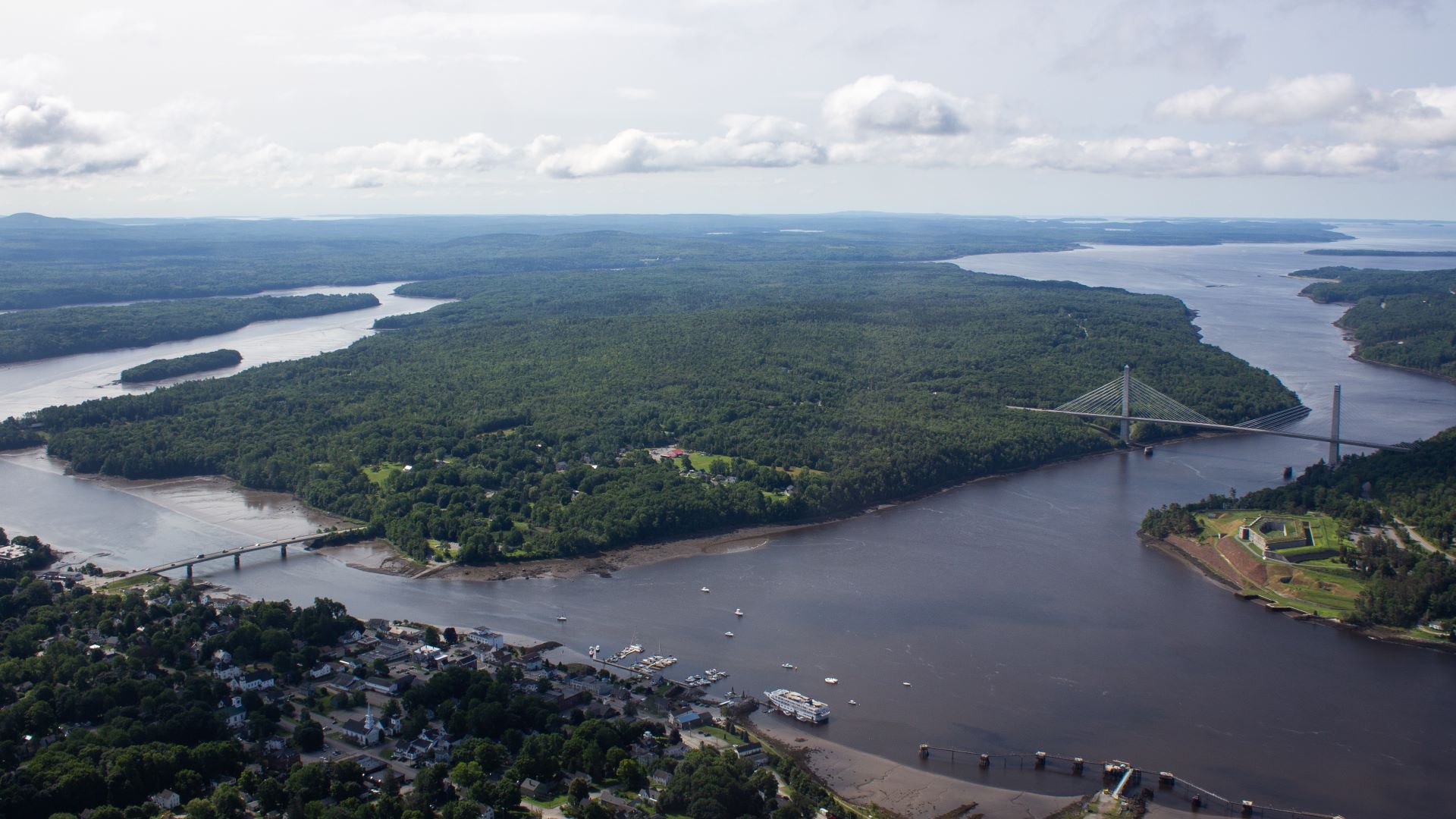 Aerial view of the Penobscot River and bridge.