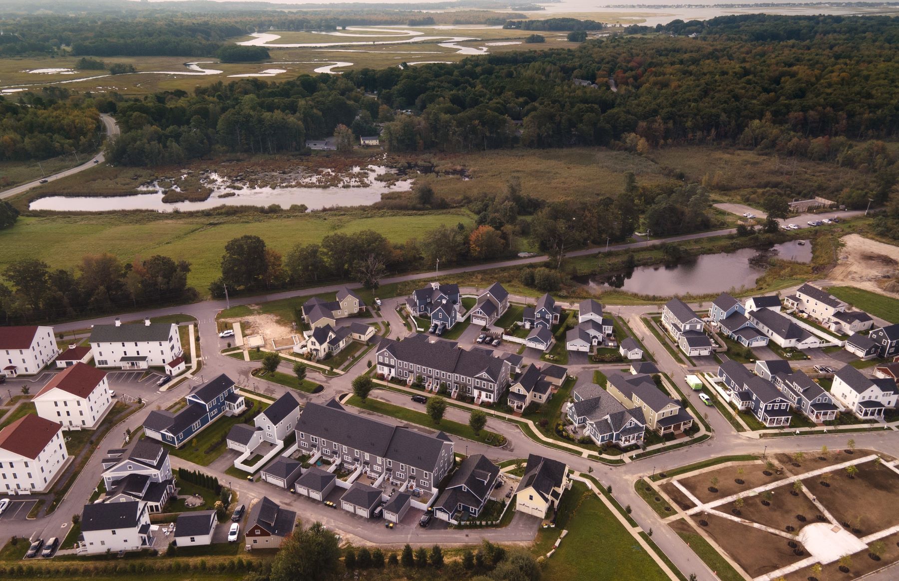 An aerial image of homes near the Scarborough marsh.