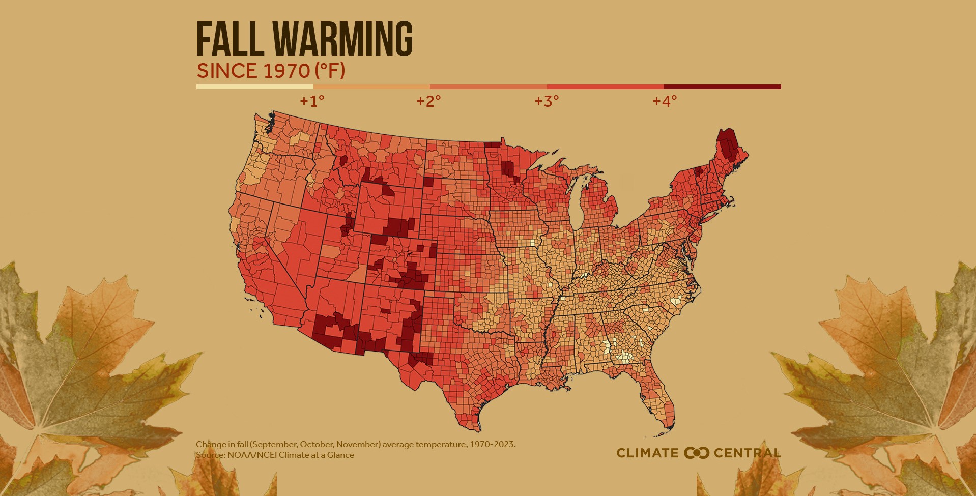 A map of fall warming across the United States since 1970. 