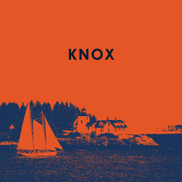 A box that takes readers to a Knox County page with an illustration of a schooner sailing past a lighthtouse.