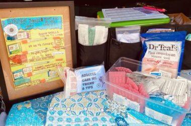 A table filled with medical supplies.